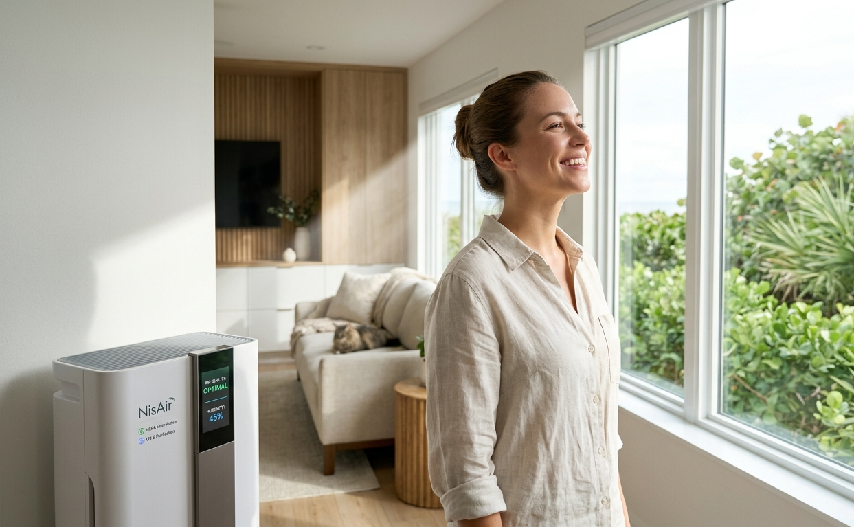 A woman breathes fresh air next to a home air purification system in a bright Florida living room