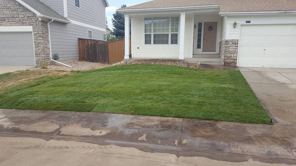 Green lawn in front of a white house with stone accents and a two-car garage.