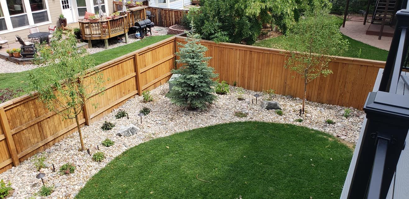 Backyard with a green lawn, gravel border, and wooden fence. A small tree stands in the center.