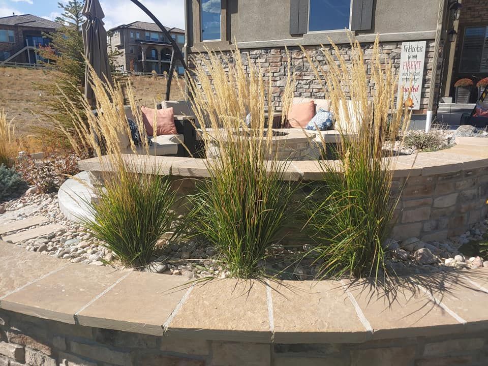 Ornamental grasses in a stone planter on a patio with outdoor seating.