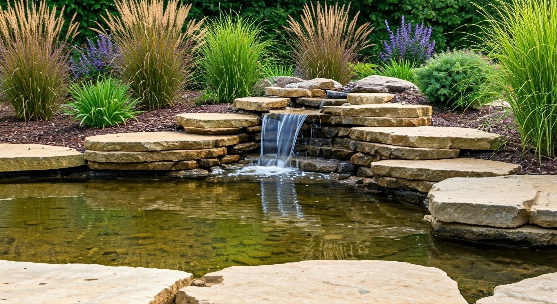 A small waterfall cascades into a pond surrounded by stone and various green and purple plants.