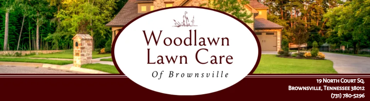 Woodlawn Lawn Care logo on maroon banner with green lawn background and contact information