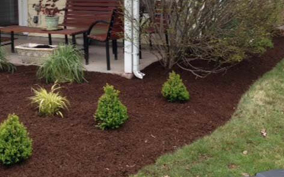 Front porch with potted chairs and newly mulched garden bed with small shrubs and grass edge