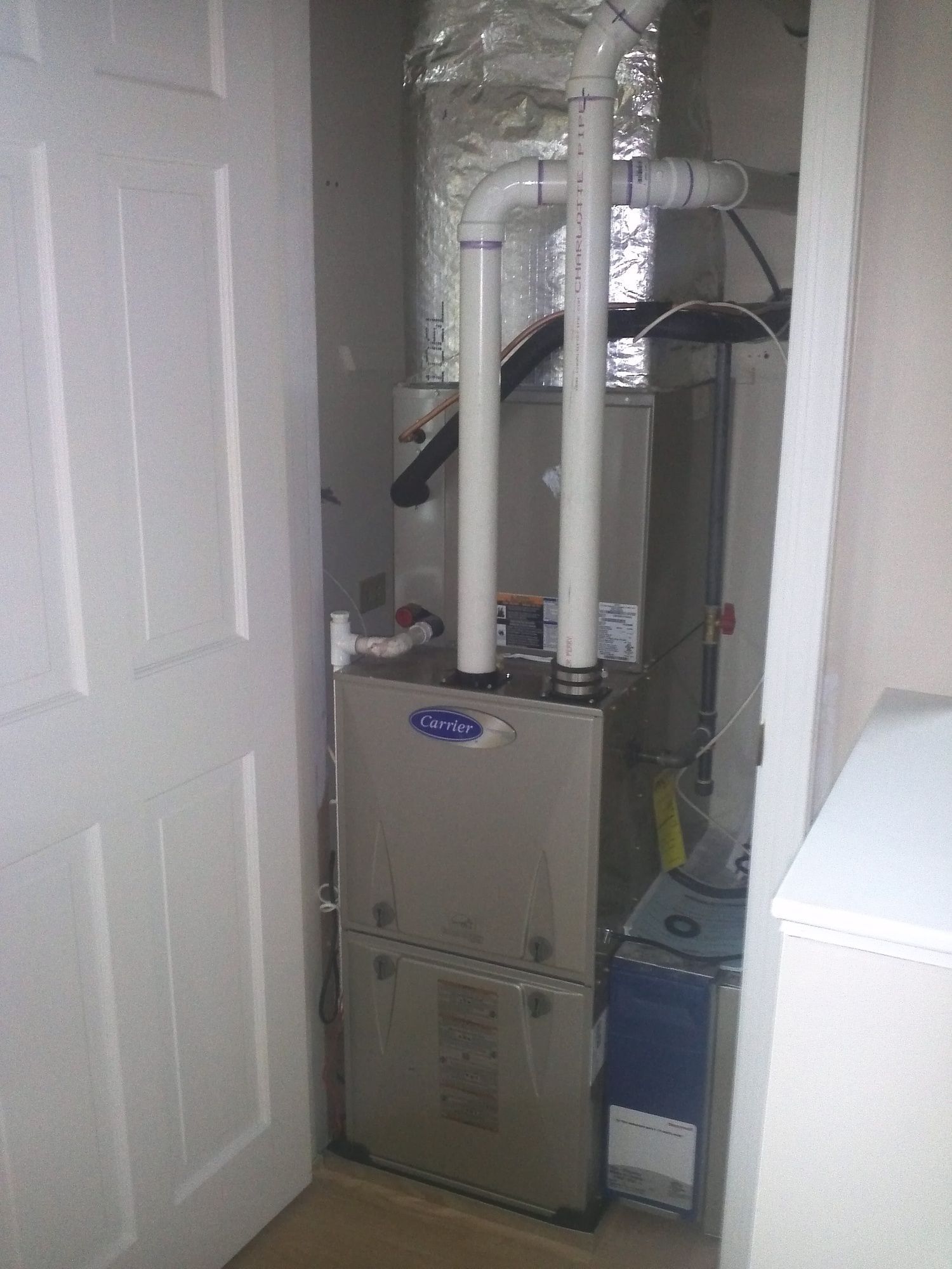 A furnace is sitting in a closet next to a door.