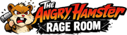 Angry hamster logo with bold red &ldquo;The Angry Hamster&rdquo; and white &ldquo;Rage Room&rdquo; text on black background