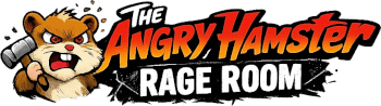 Angry hamster logo with bold red &ldquo;The Angry Hamster&rdquo; and white &ldquo;Rage Room&rdquo; text on black background