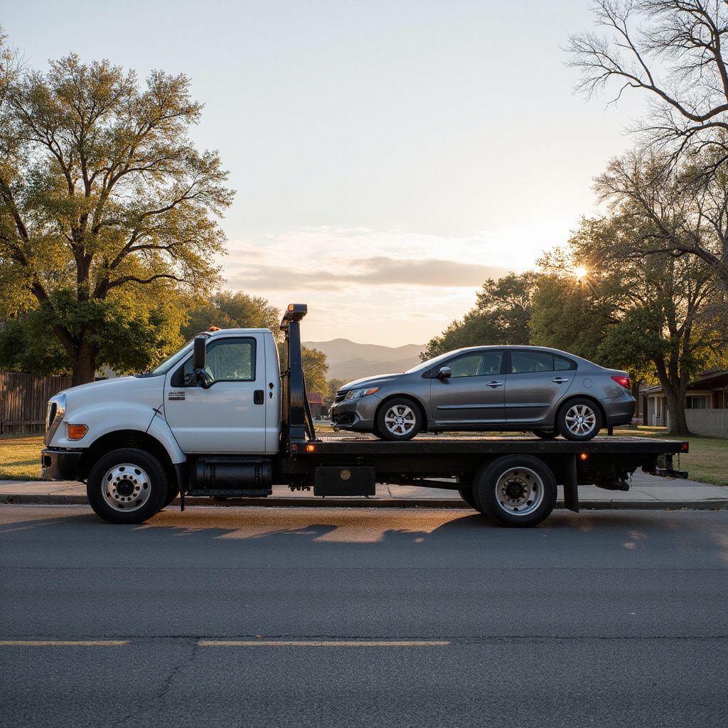 Tow truck carrying a gray sedan on a road at sunset.