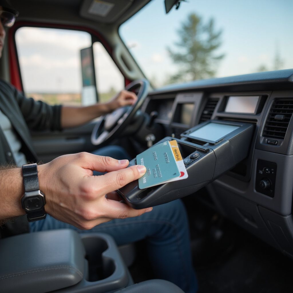 Person in a truck using a payment device, holding a credit card. Interior shot, daytime.