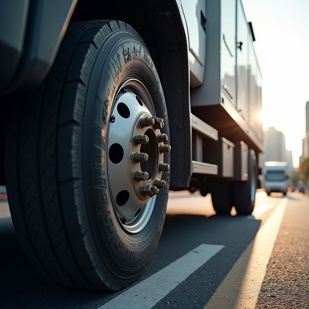 Close-up of a truck tire on a city street. The sun shines brightly in the background.