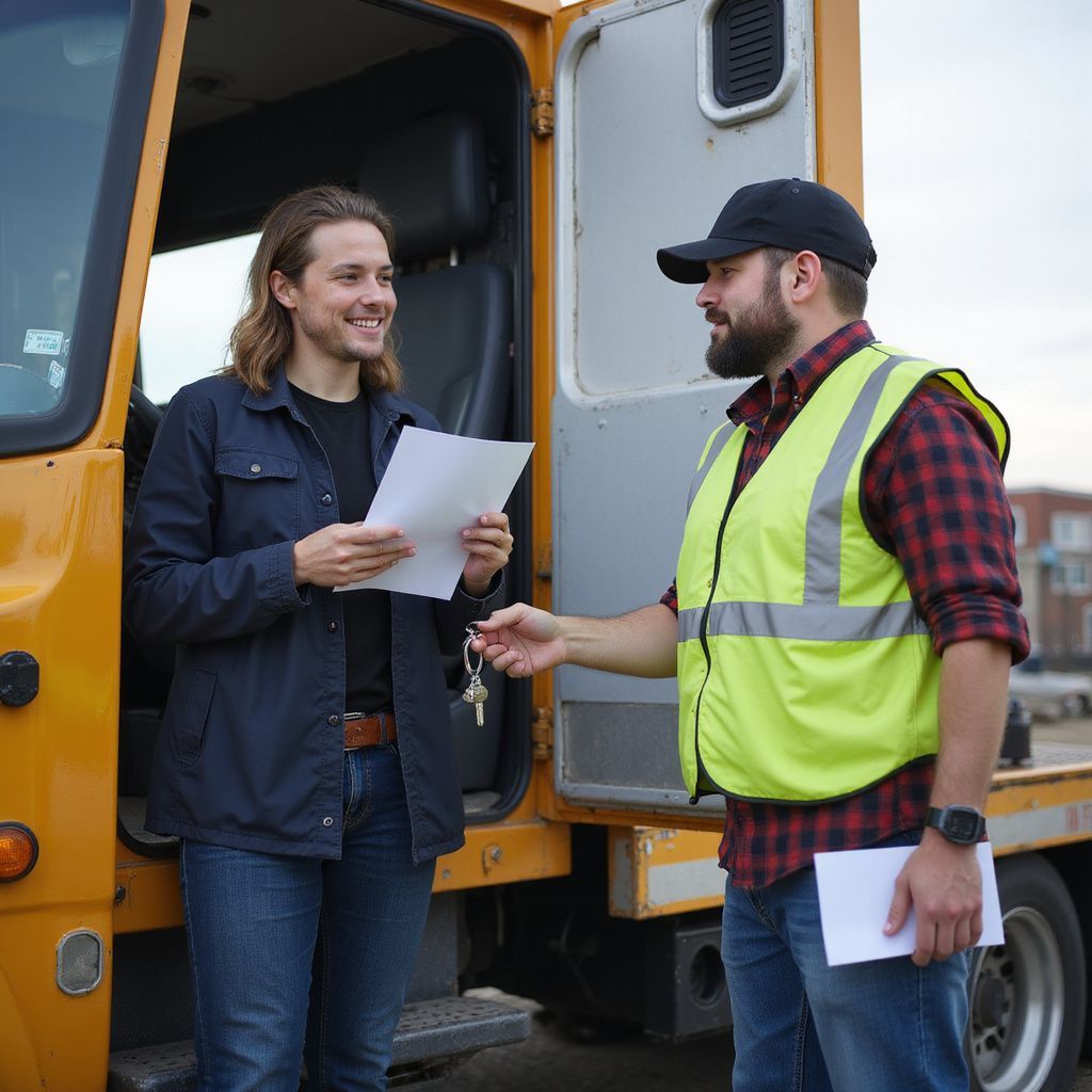 Man receiving keys, smiling, next to yellow truck. Another man in safety vest hands over keys, holding a paper.