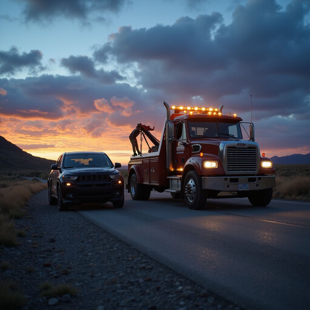 Tow truck towing a black SUV on a dark road at sunset.