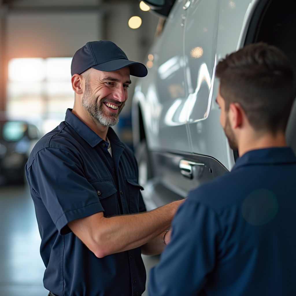 Mechanic in a blue uniform and cap smiles as he talks to another person at a car repair shop.