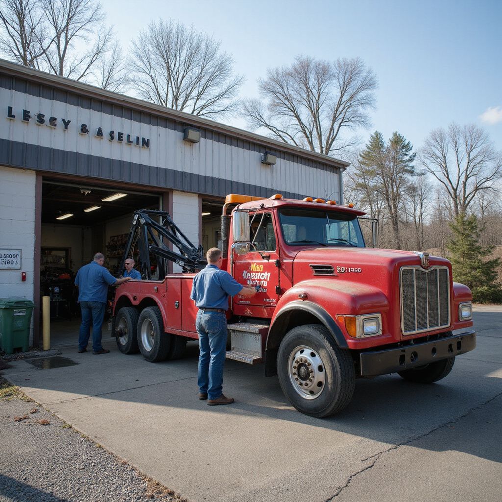 Red tow truck parked at a garage, three men standing nearby.