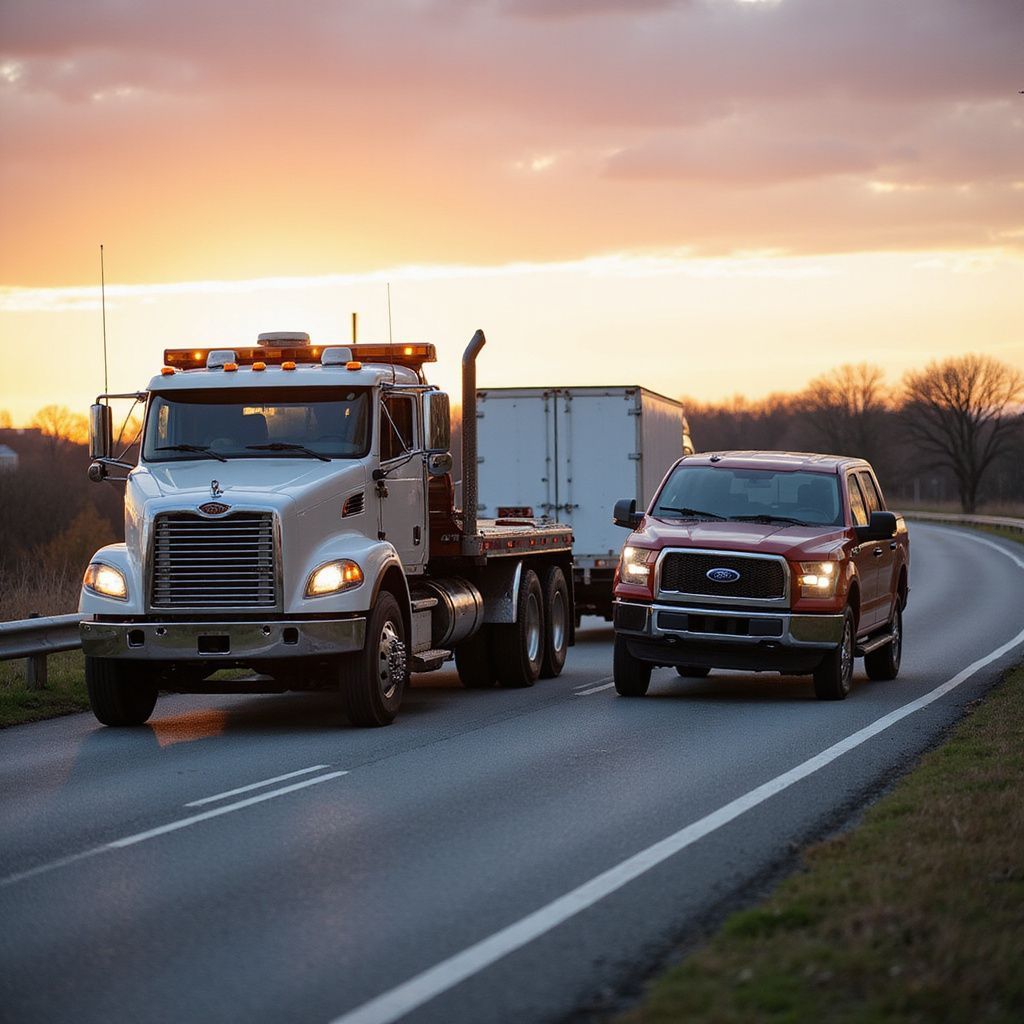 Tow truck pulling a pickup truck and trailer on a curving road at sunset.