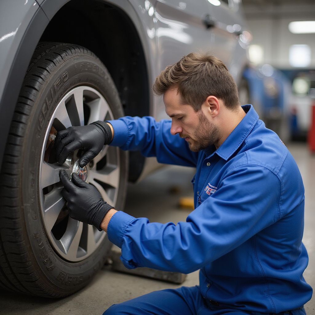 Mechanic in blue coveralls tightening lug nuts on a car tire, working in a garage.