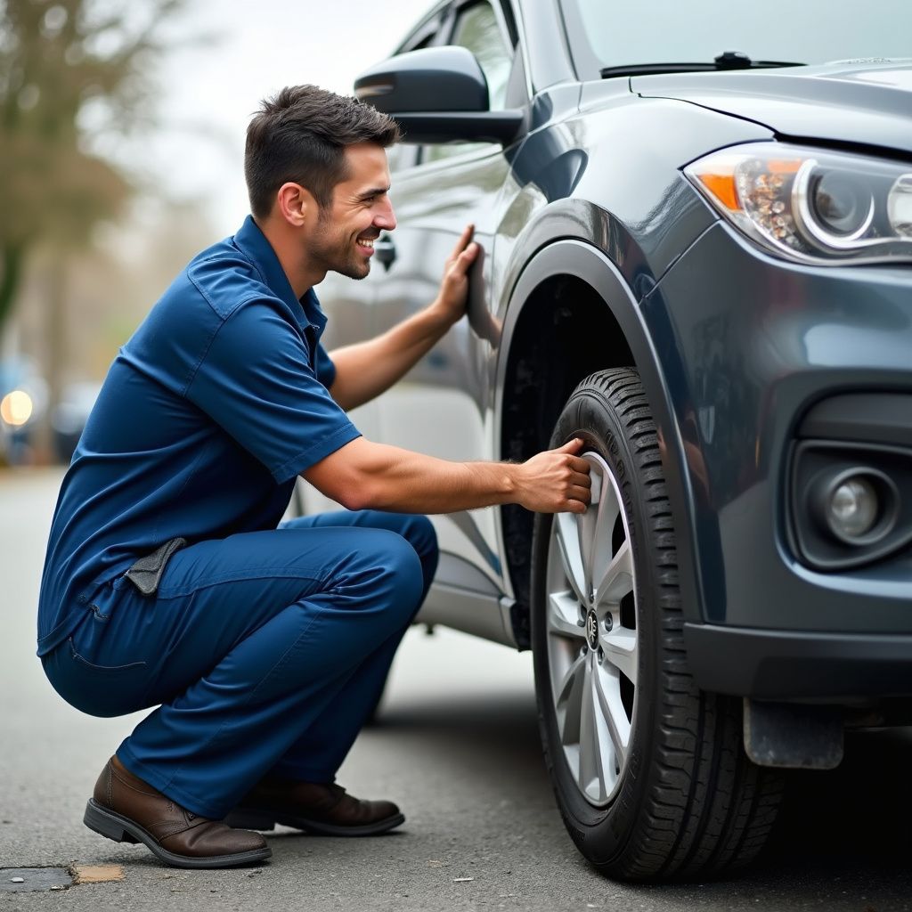 Man in blue uniform checking car tire on a street, smiling.