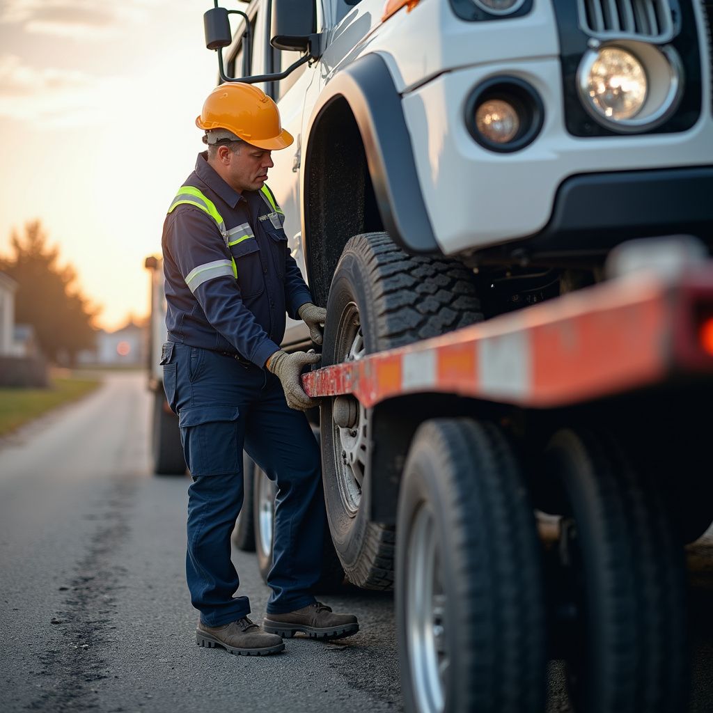 A worker in a hard hat secures a vehicle on a tow truck on a road.