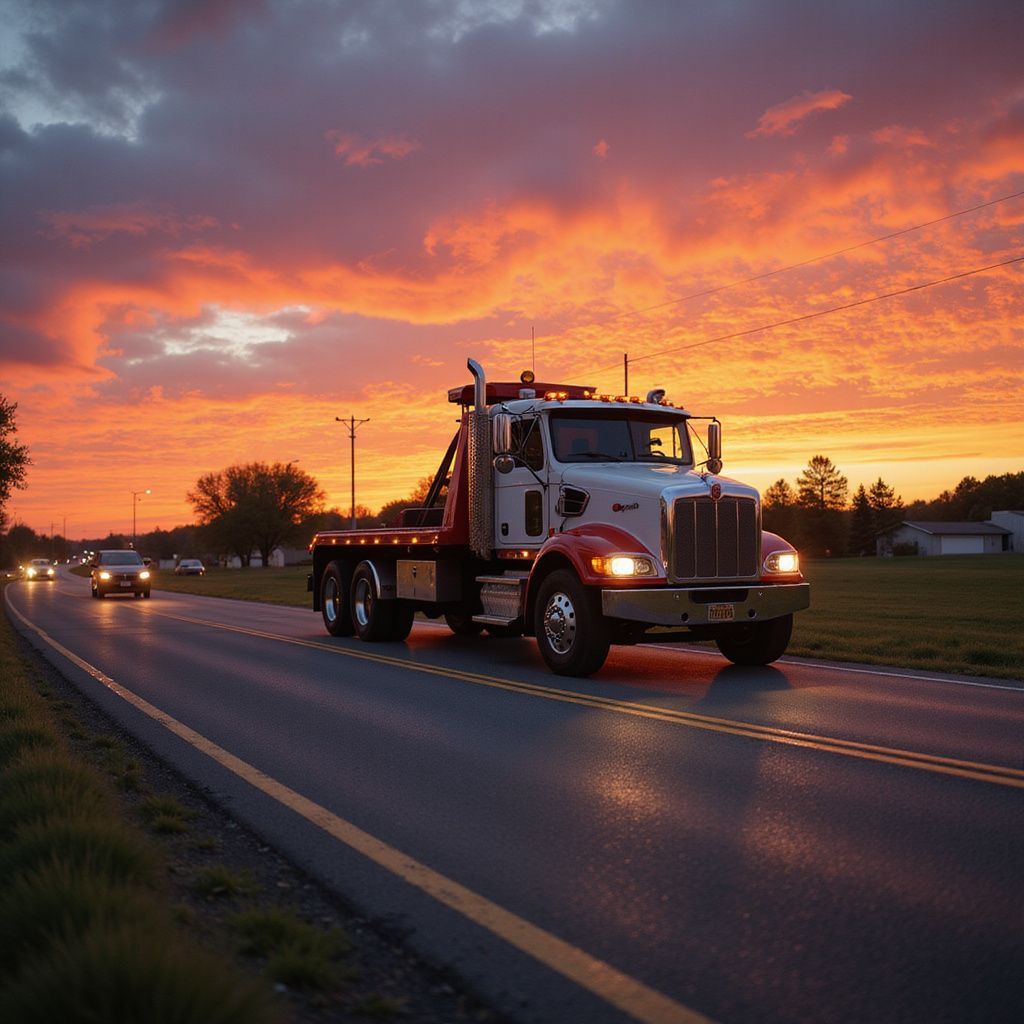 Tow truck on a road at sunset with orange and red sky.