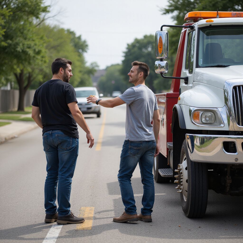 Two men by tow truck on road, one gesturing.