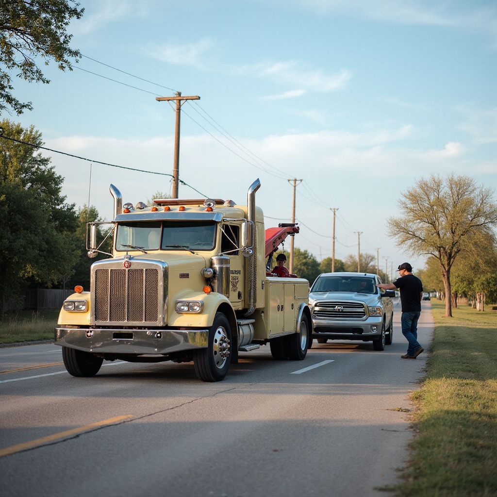 Yellow tow truck towing a silver pickup truck on a road. A person stands nearby, looking on.