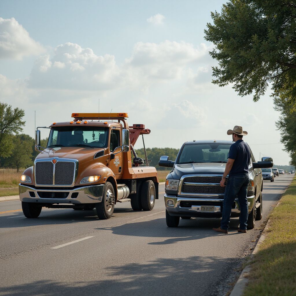 Tow truck assisting a stopped pickup truck on a road; man stands near the truck.