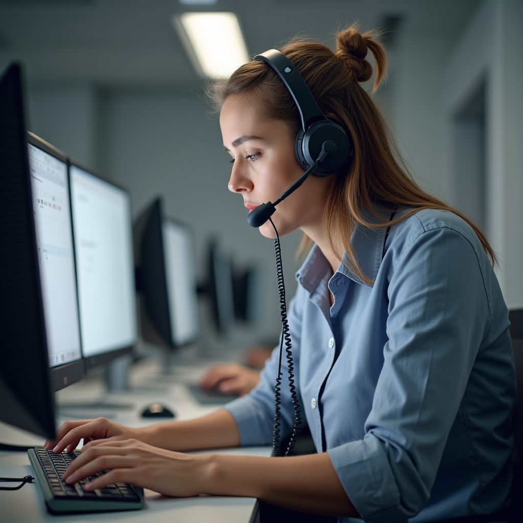 Woman wearing a headset, typing at a computer in a call center.
