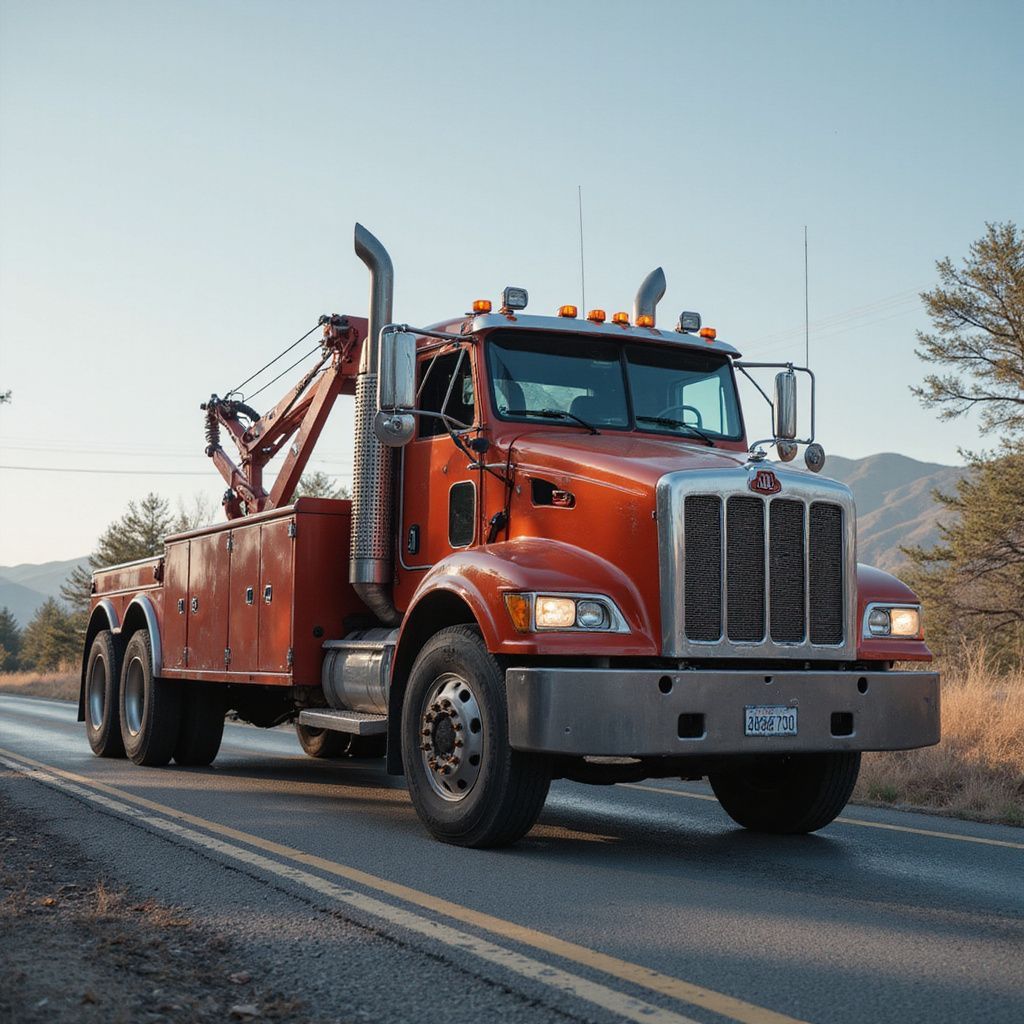 Red tow truck on a paved road, mountains in the background, daytime.