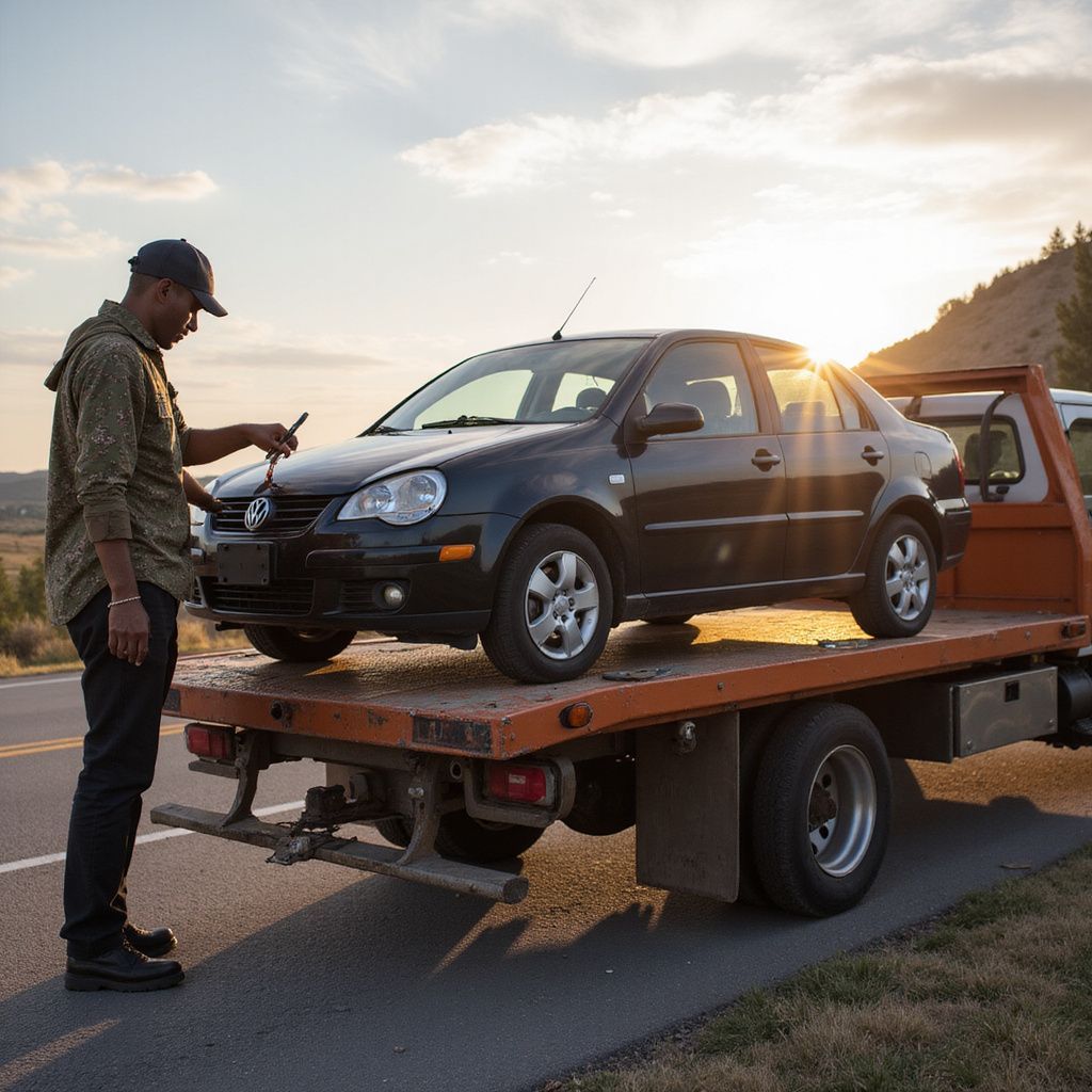 Man standing by black car on tow truck on a road; sun setting.
