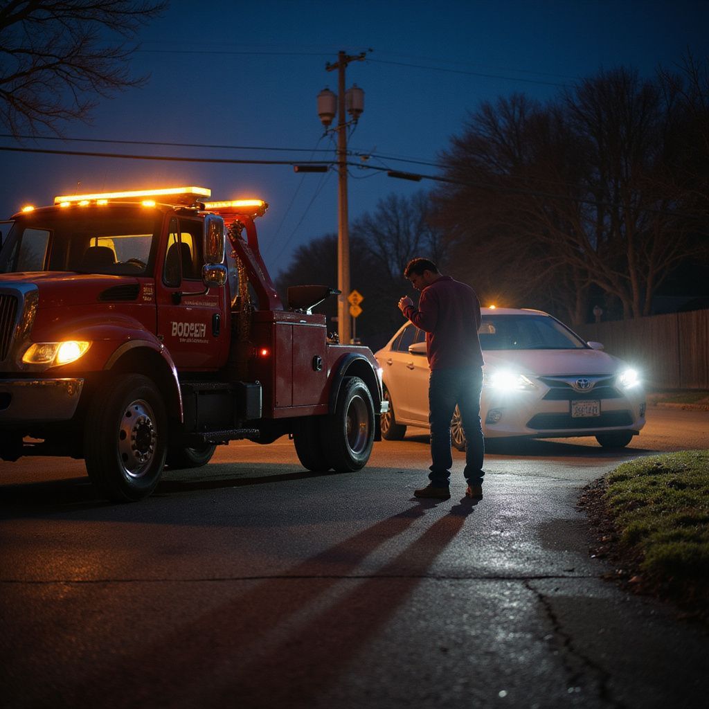 A tow truck with flashing lights next to a stalled car on a street at night. A person stands nearby, looking at the car.