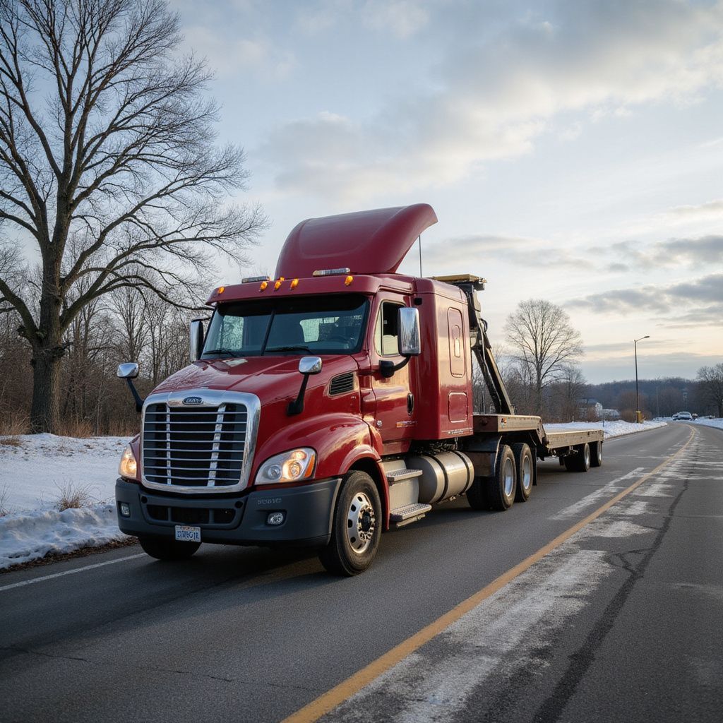 Red semi-truck with an empty flatbed trailer driving on a road. Snow on the side, overcast sky.