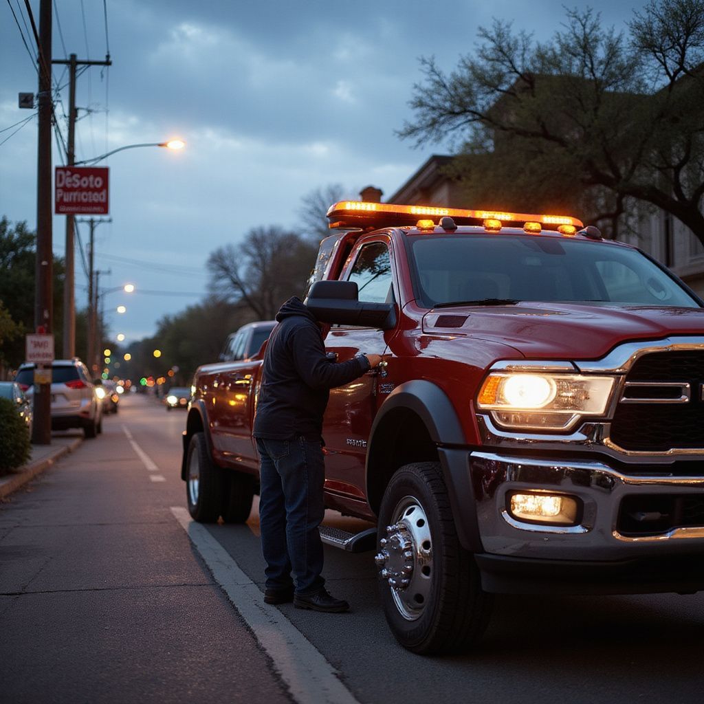 Tow truck parked on a street at dusk; a person is near the driver's side door.