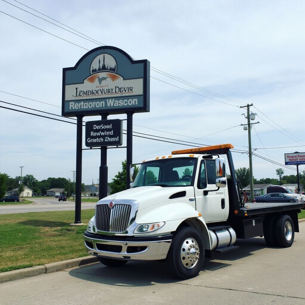 White tow truck parked in front of a sign for a business in a town.