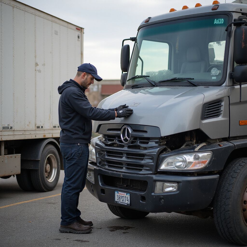 Man in a baseball cap inspecting the open hood of a gray semi-truck in a parking lot.