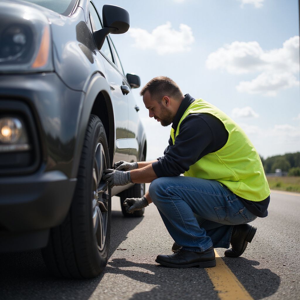 Man in a safety vest changing a tire on a dark gray car on the side of a road.