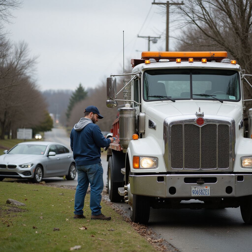 Man near a white truck on a road; a silver car is beside the road as well.