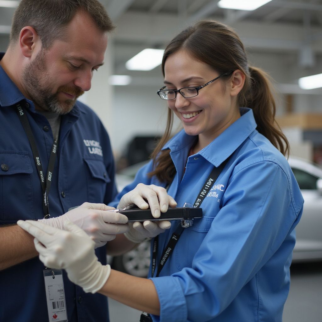 Two people in blue work shirts examining a device. Man points; woman smiles, wearing glasses. Indoors, cars in background.