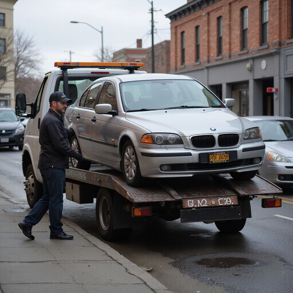 A tow truck operator loads a silver BMW sedan onto the truck bed on a city street.