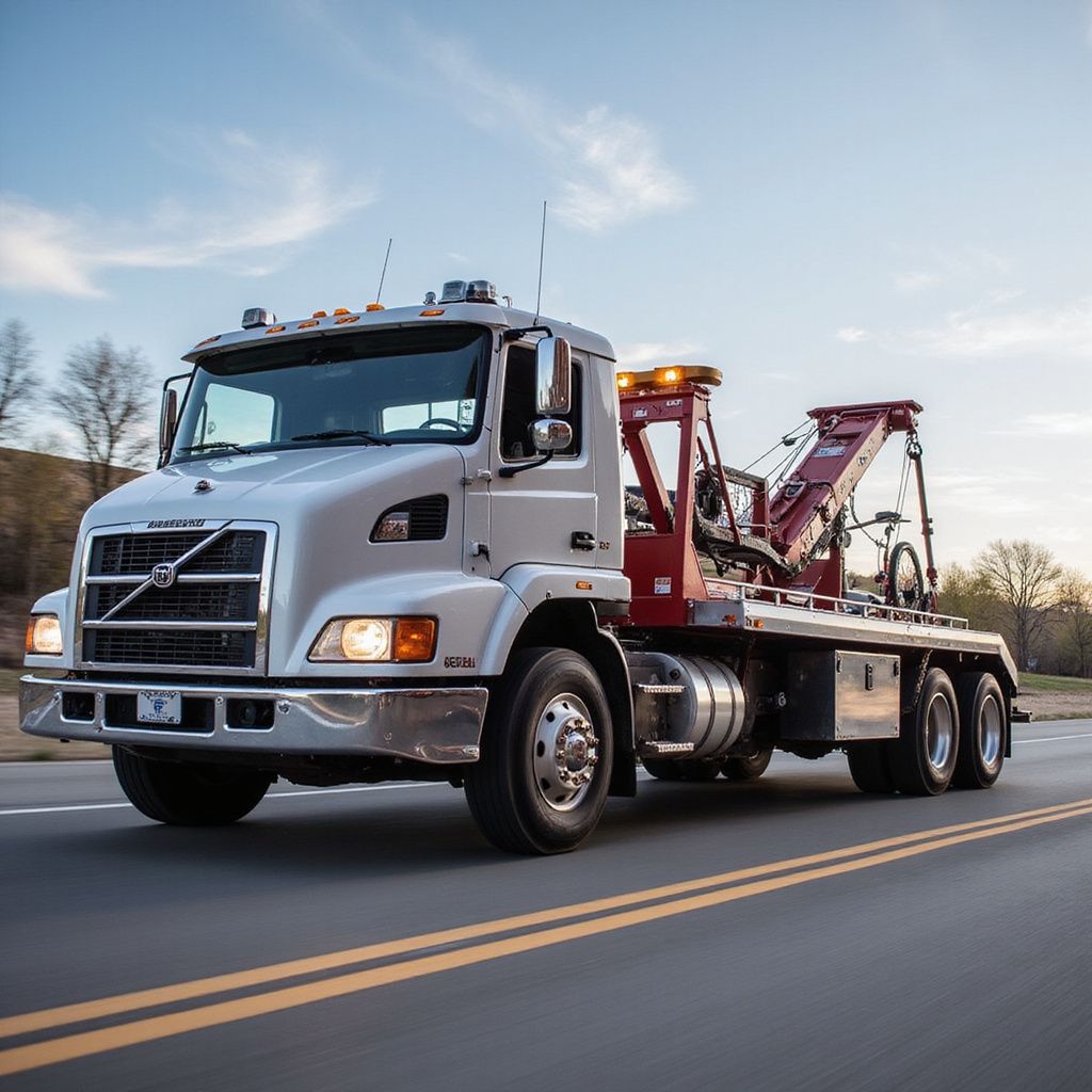 Silver tow truck driving on a paved road, red tow lift extended.
