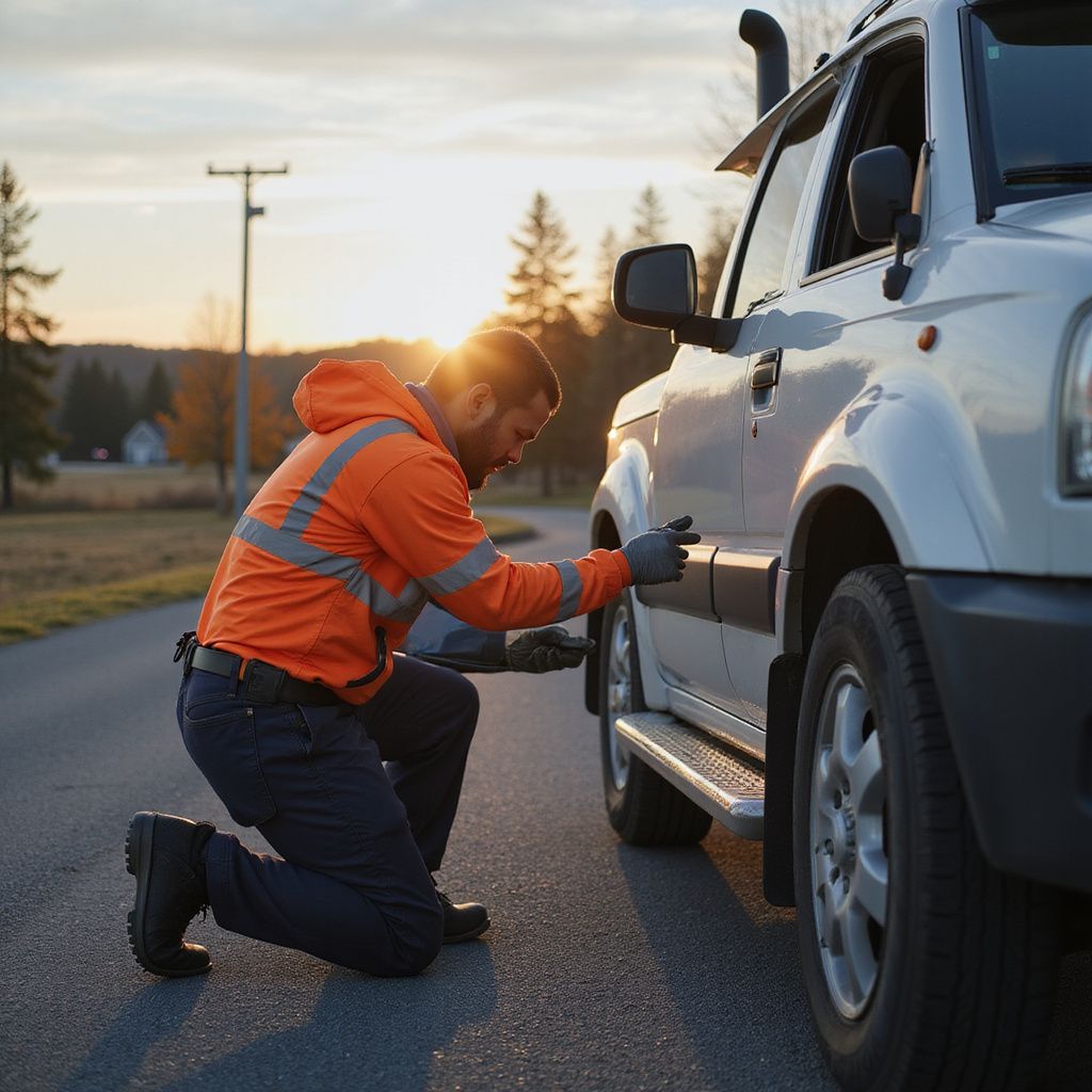 Man in orange safety vest kneels by white SUV on roadside, checking tire. Sunset in background.