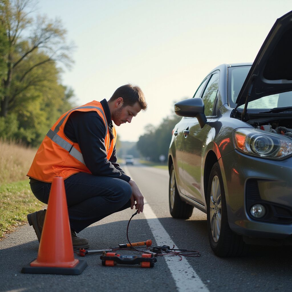 Man in orange vest kneels by car with open hood, tools on the road; traffic cone nearby.