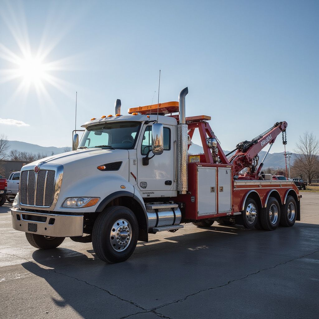 White and red tow truck parked on a paved lot with a bright sun overhead.