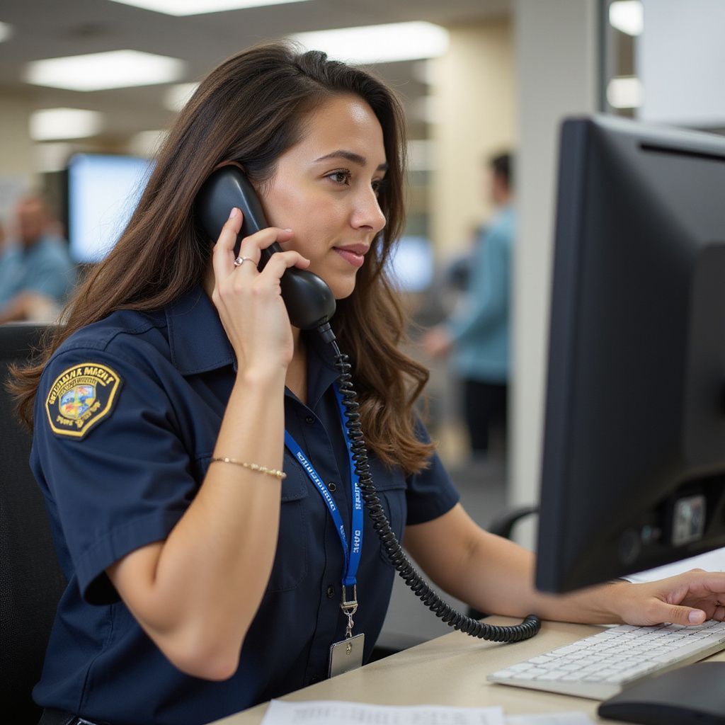 Woman in uniform on phone, using a computer in an office setting.