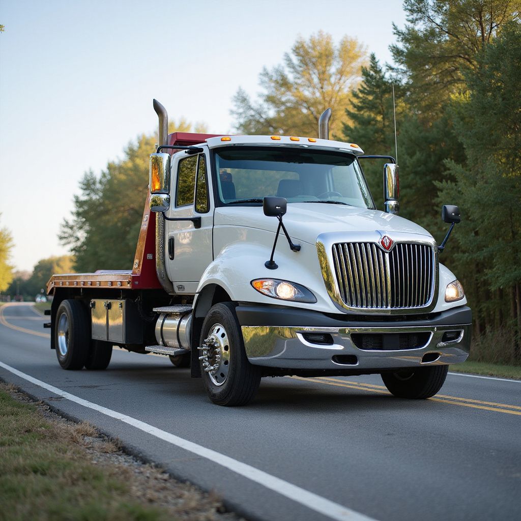 White flatbed tow truck on a road, with trees in the background.