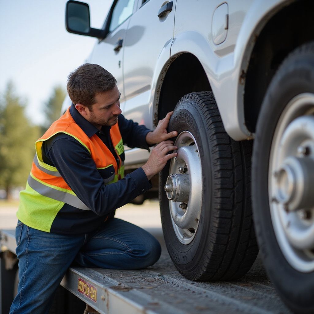Person in safety vest checking tire on a truck, outdoors.