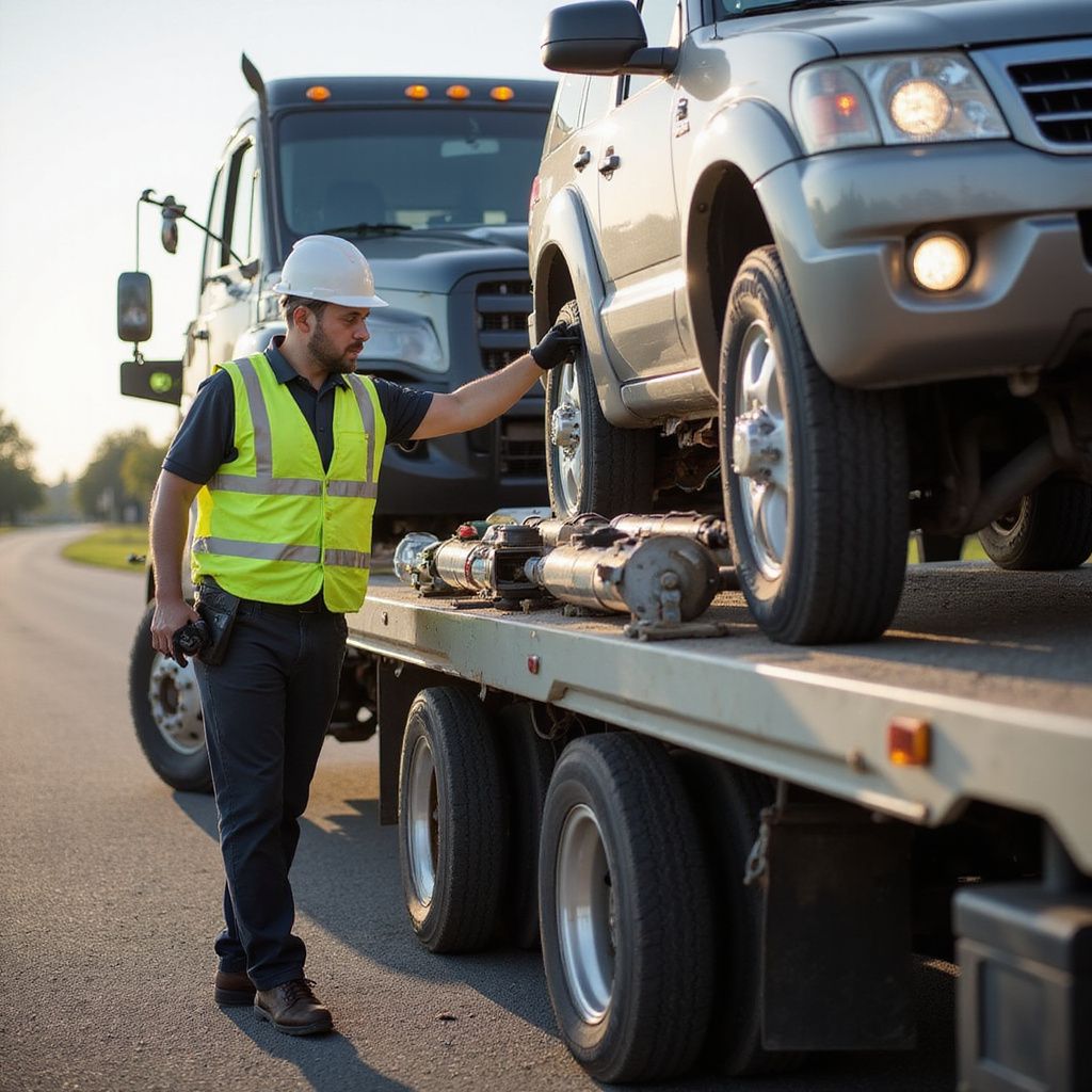Tow truck operator loading a gray SUV onto a flatbed truck on a rural road.