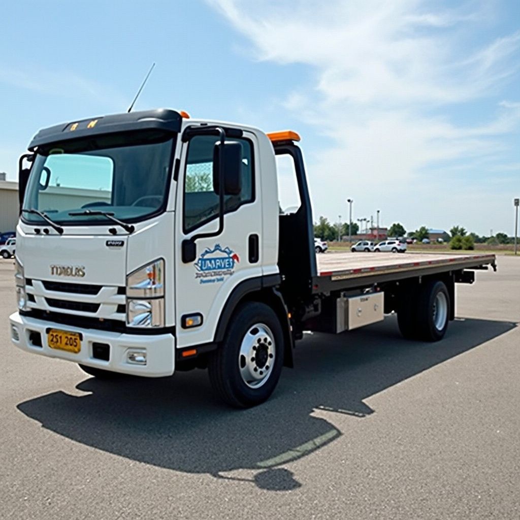 White flatbed truck on asphalt, logo on door. Daytime, sunny.