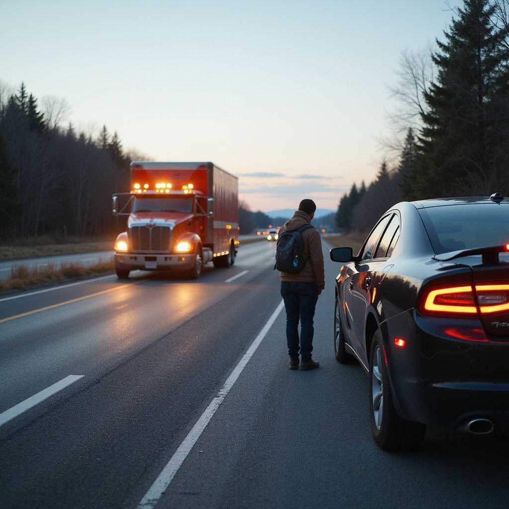 Man stands beside a disabled black car on a highway as a semi-truck approaches. Dusk setting.