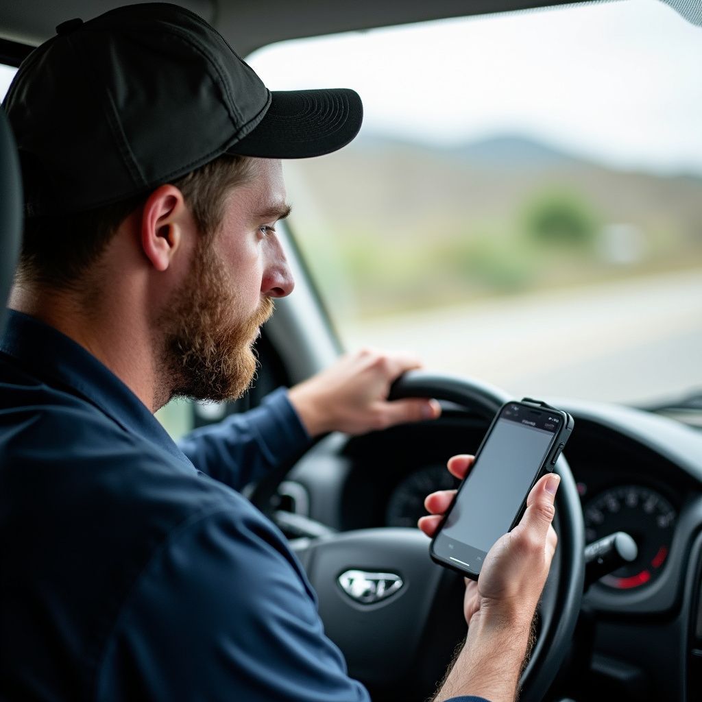 A person in a vehicle looking at a cell phone, wearing a cap.