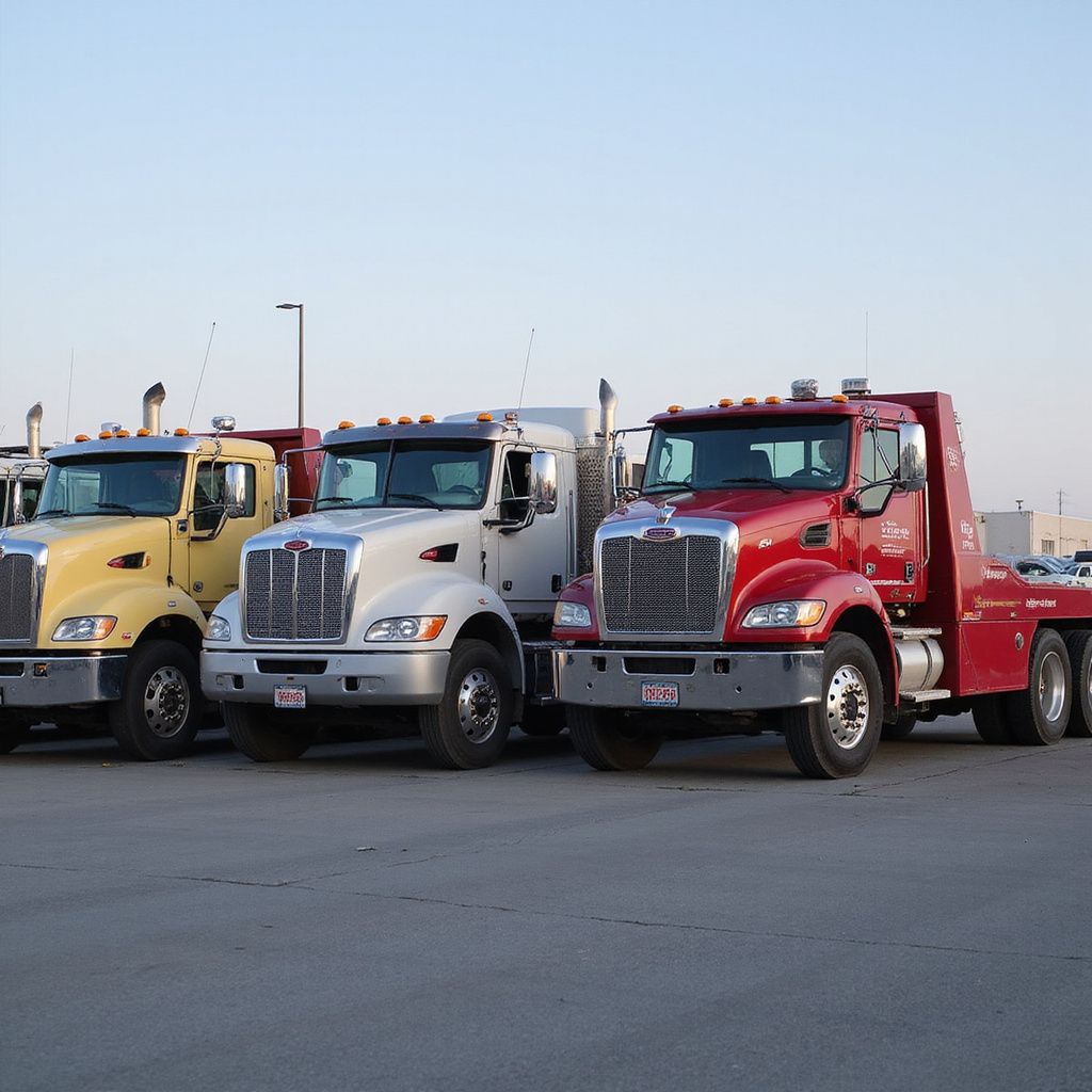 Three tow trucks of different colors parked on a paved surface.