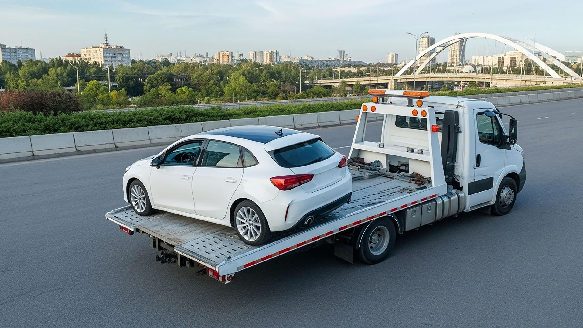 Man in orange safety vest kneels by white SUV on roadside, checking tire. Sunset in background.